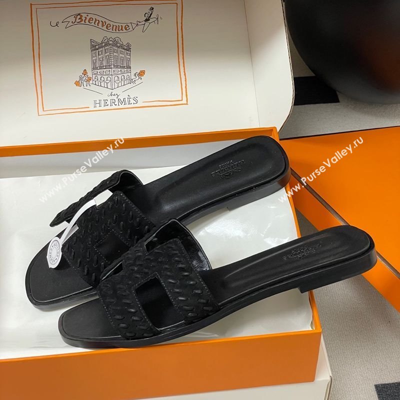 Hermes Classic Oran Flat Slides Sandal in Braided Suede Black 2025 1023 (MD-251023097)