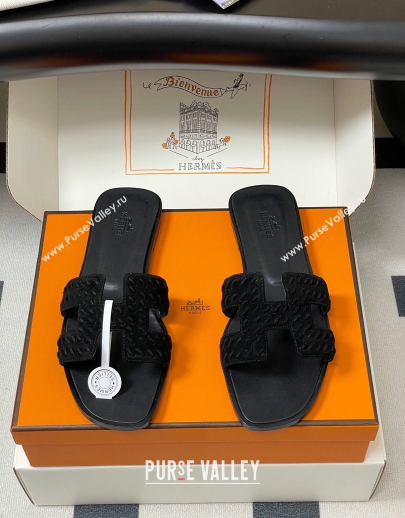 Hermes Classic Oran Flat Slides Sandal in Braided Suede Black 2025 1023 (MD-251023097)