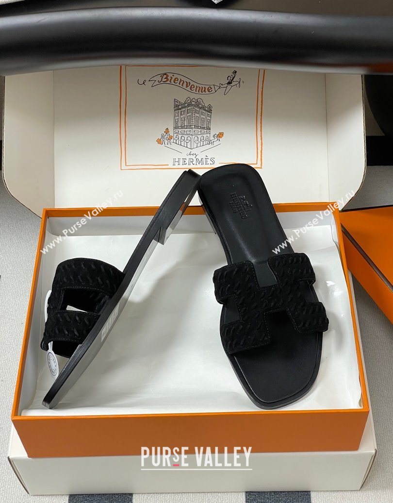 Hermes Classic Oran Flat Slides Sandal in Braided Suede Black 2025 1023 (MD-251023097)