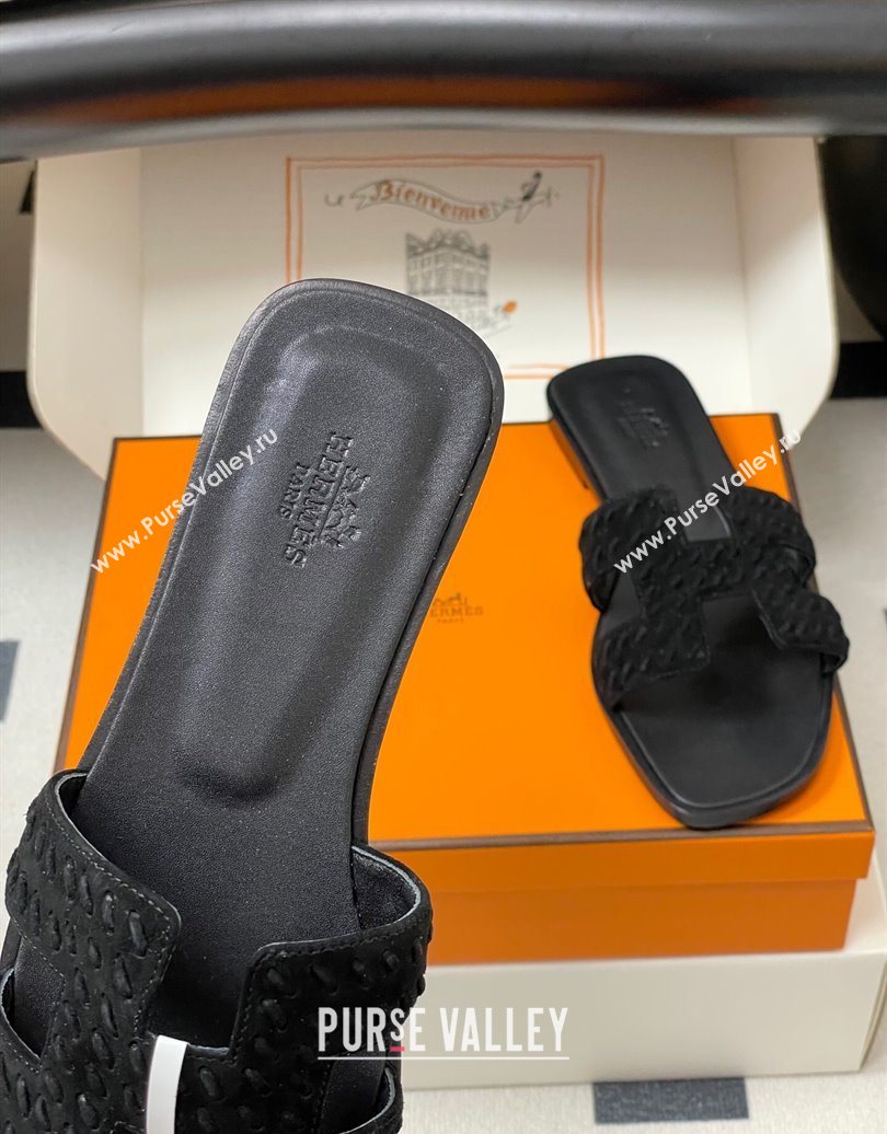 Hermes Classic Oran Flat Slides Sandal in Braided Suede Black 2025 1023 (MD-251023097)
