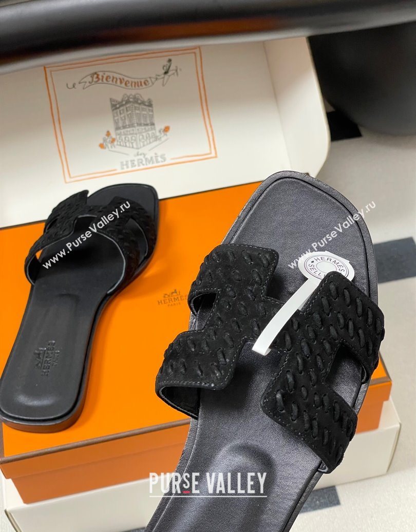 Hermes Classic Oran Flat Slides Sandal in Braided Suede Black 2025 1023 (MD-251023097)