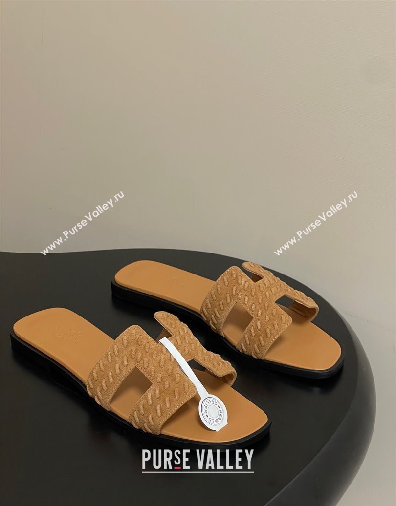 Hermes Classic Oran Flat Slides Sandal in Braided Suede Brown 2025 1023 (MD-251023099)