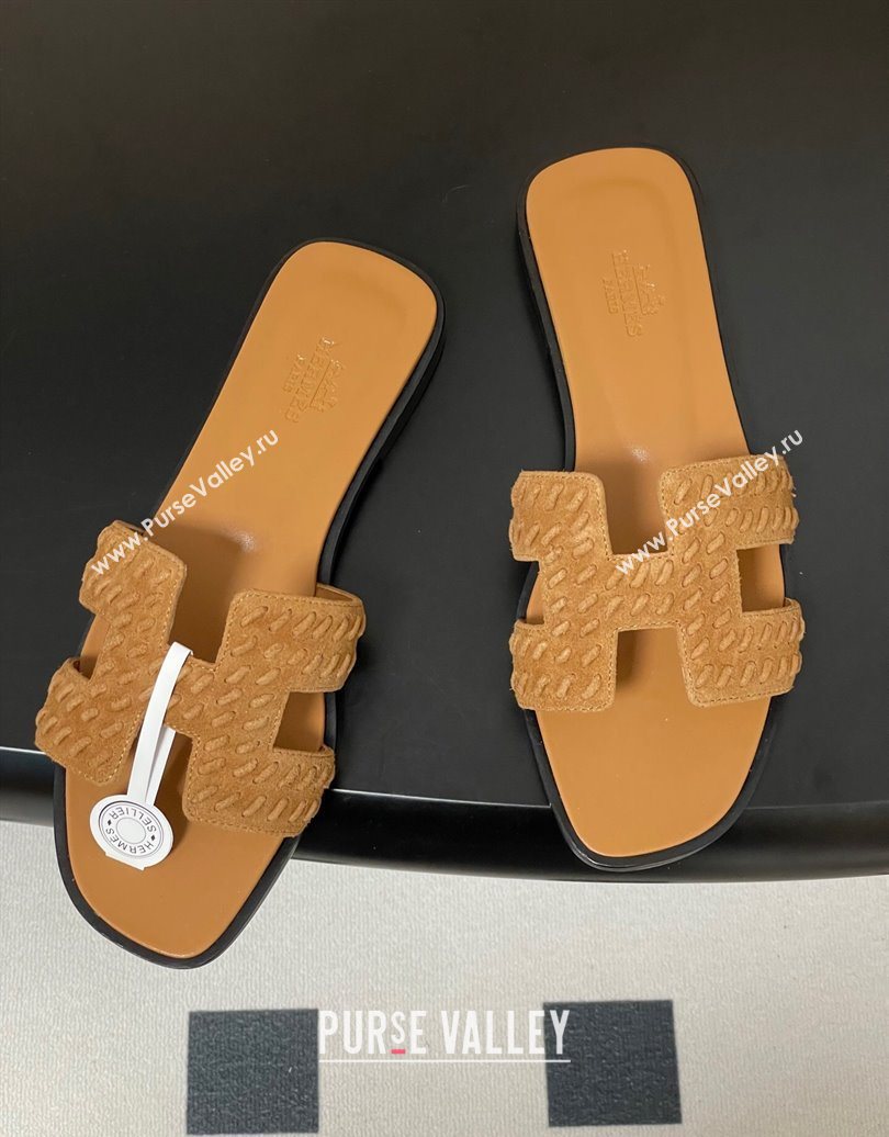 Hermes Classic Oran Flat Slides Sandal in Braided Suede Brown 2025 1023 (MD-251023099)