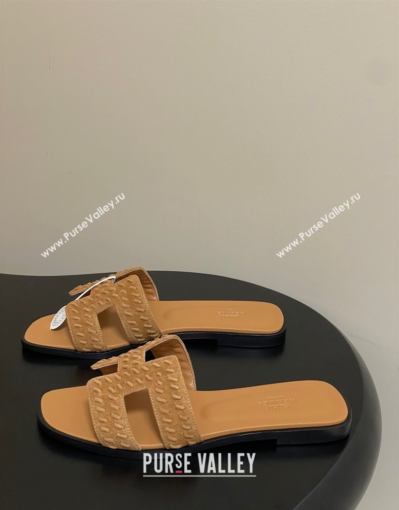 Hermes Classic Oran Flat Slides Sandal in Braided Suede Brown 2025 1023 (MD-251023099)