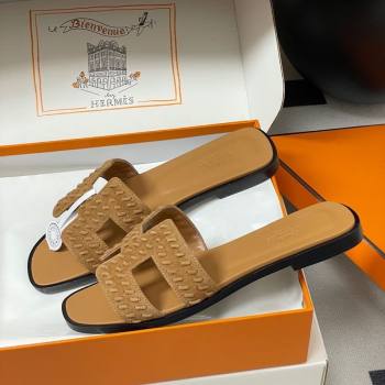Hermes Classic Oran Flat Slides Sandal in Braided Suede Brown 2025 1023 (MD-251023099)