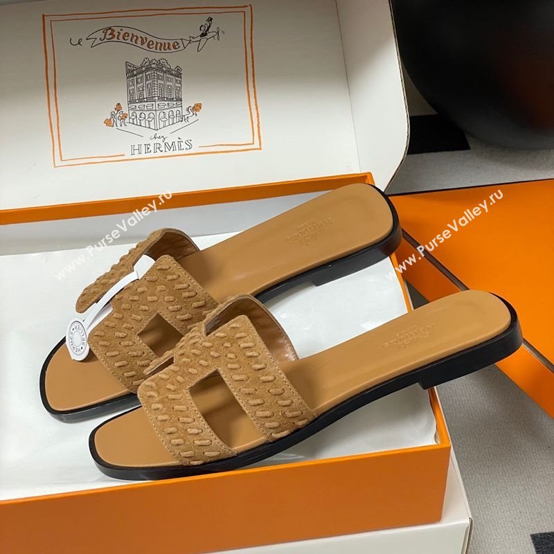 Hermes Classic Oran Flat Slides Sandal in Braided Suede Brown 2025 1023 (MD-251023099)