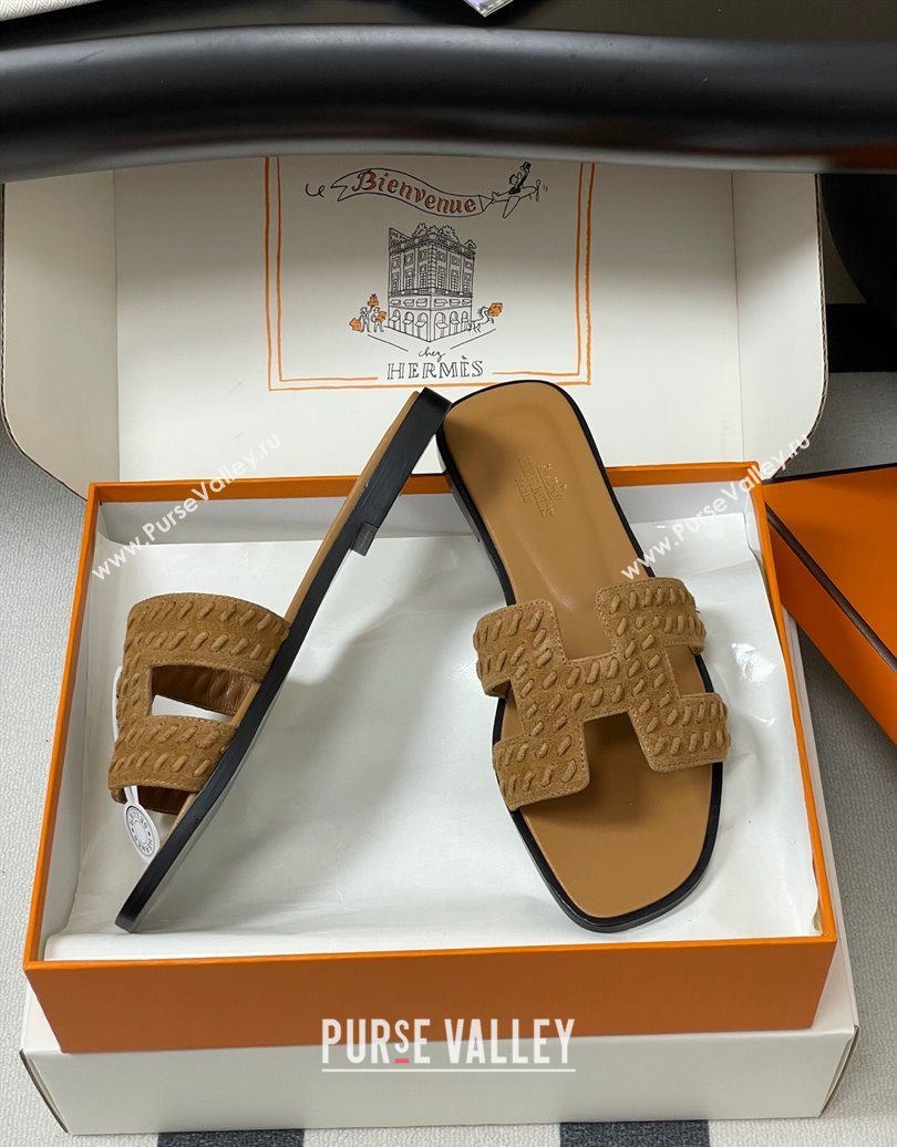 Hermes Classic Oran Flat Slides Sandal in Braided Suede Brown 2025 1023 (MD-251023099)