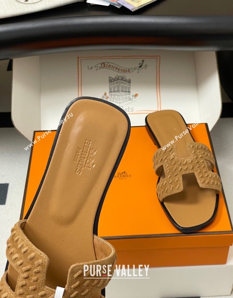 Hermes Classic Oran Flat Slides Sandal in Braided Suede Brown 2025 1023 (MD-251023099)
