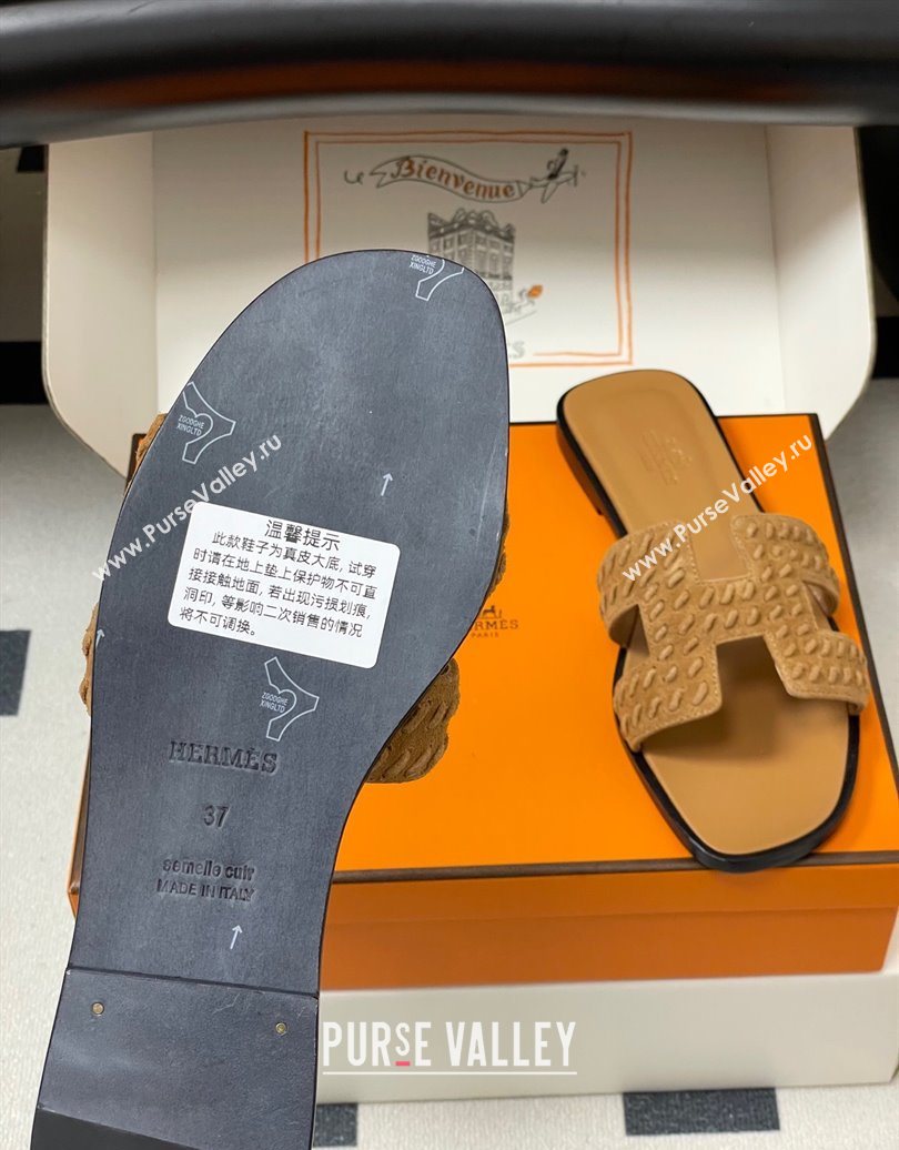 Hermes Classic Oran Flat Slides Sandal in Braided Suede Brown 2025 1023 (MD-251023099)