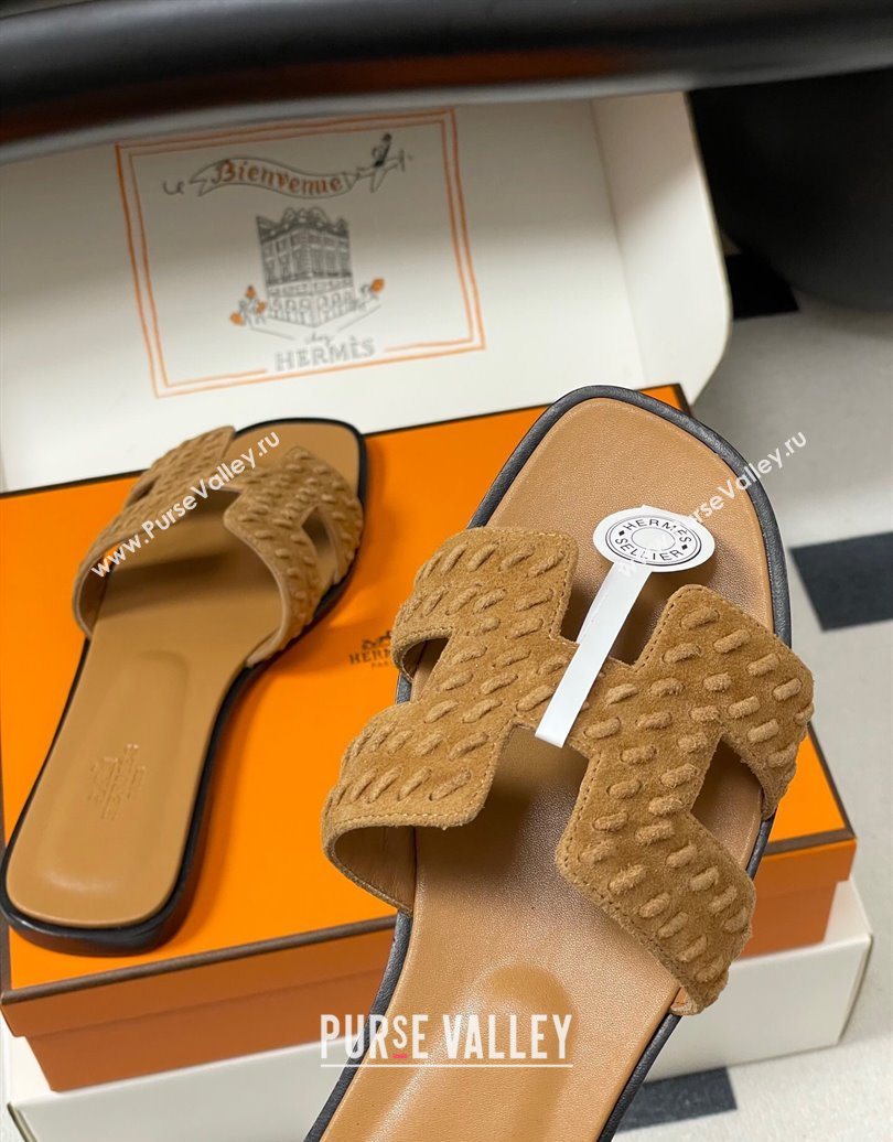 Hermes Classic Oran Flat Slides Sandal in Braided Suede Brown 2025 1023 (MD-251023099)
