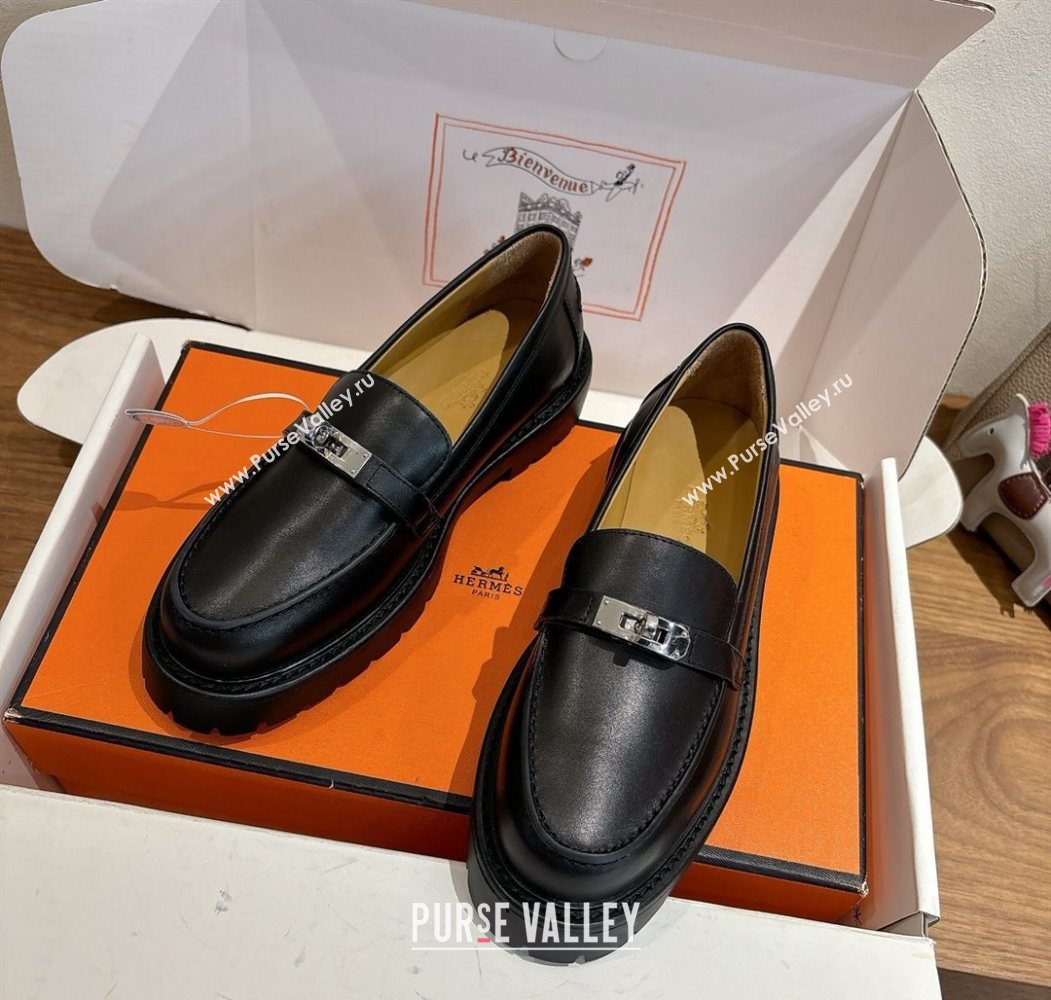 Hermes Icone Platform Loafers in Calfskin Leather with Kelly Buckle Black 2025 1023 (XC-251023003)