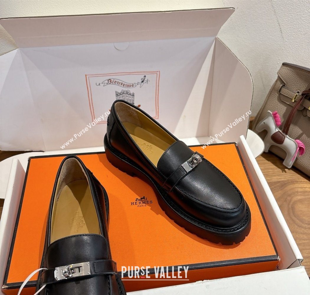 Hermes Icone Platform Loafers in Calfskin Leather with Kelly Buckle Black 2025 1023 (XC-251023003)