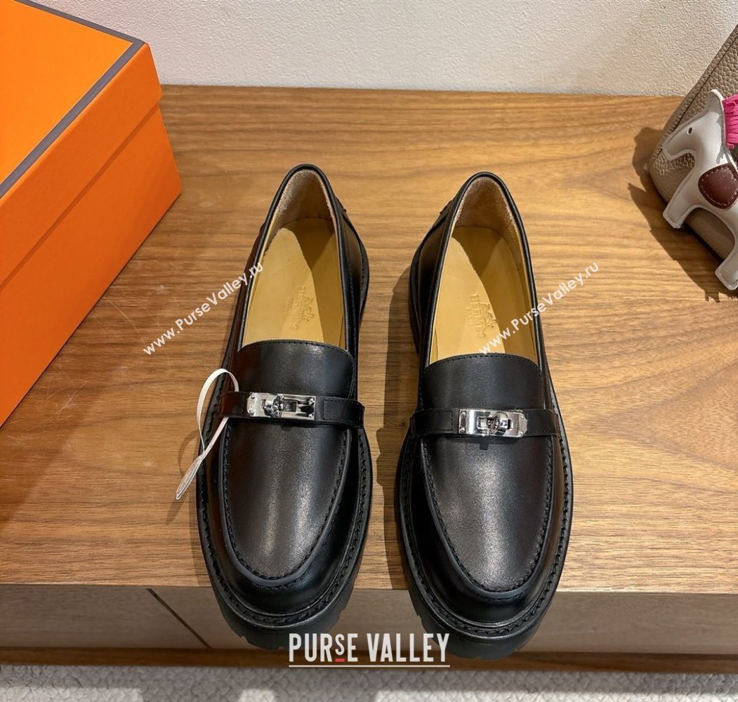Hermes Icone Platform Loafers in Calfskin Leather with Kelly Buckle Black 2025 1023 (XC-251023003)