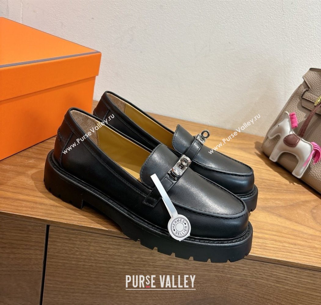 Hermes Icone Platform Loafers in Calfskin Leather with Kelly Buckle Black 2025 1023 (XC-251023003)