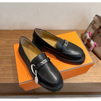 Hermes Icone Platform Loafers in Calfskin Leather with Kelly Buckle Black 2025 1023 (XC-251023003)