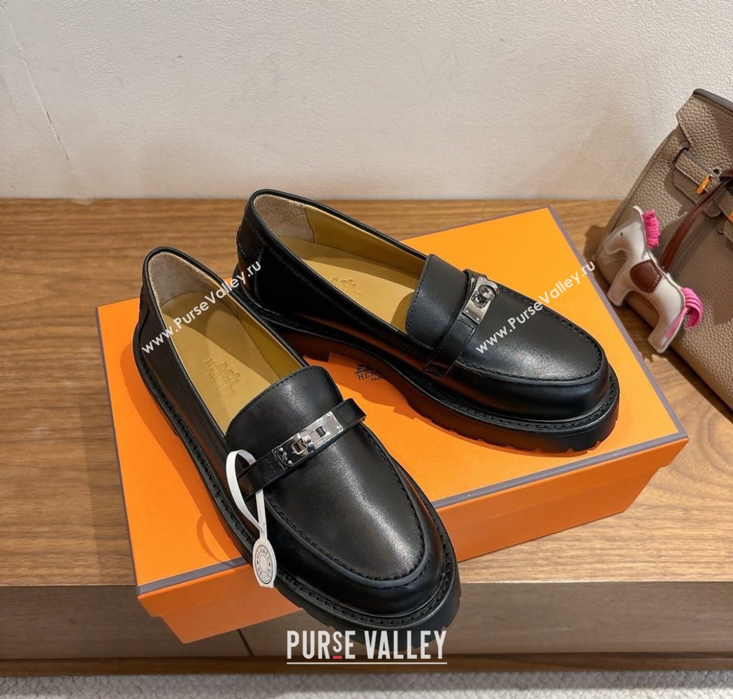 Hermes Icone Platform Loafers in Calfskin Leather with Kelly Buckle Black 2025 1023 (XC-251023003)