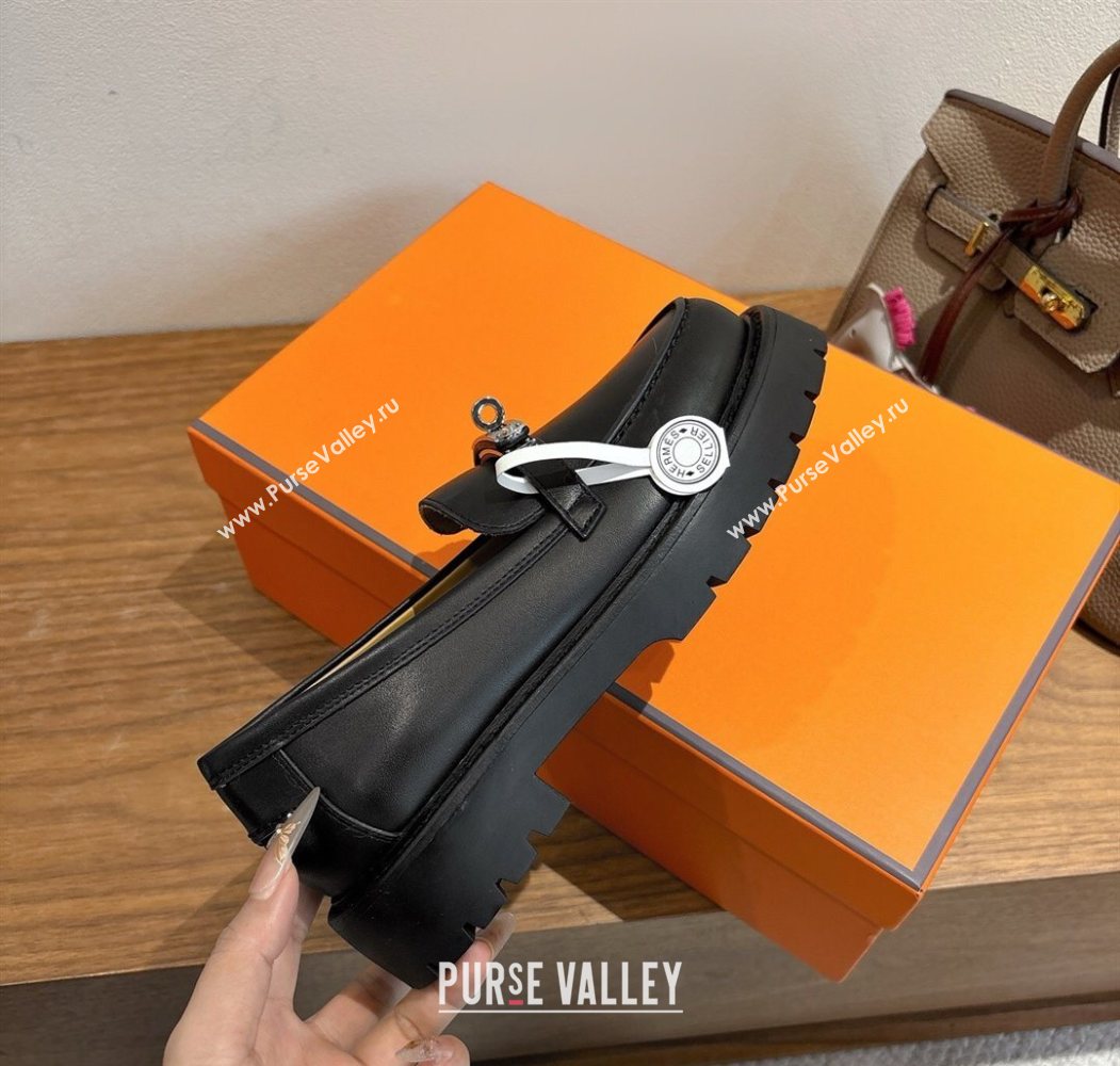 Hermes Icone Platform Loafers in Calfskin Leather with Kelly Buckle Black 2025 1023 (XC-251023003)