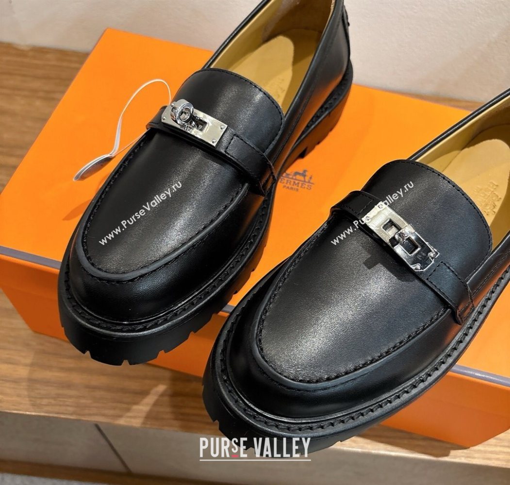 Hermes Icone Platform Loafers in Calfskin Leather with Kelly Buckle Black 2025 1023 (XC-251023003)