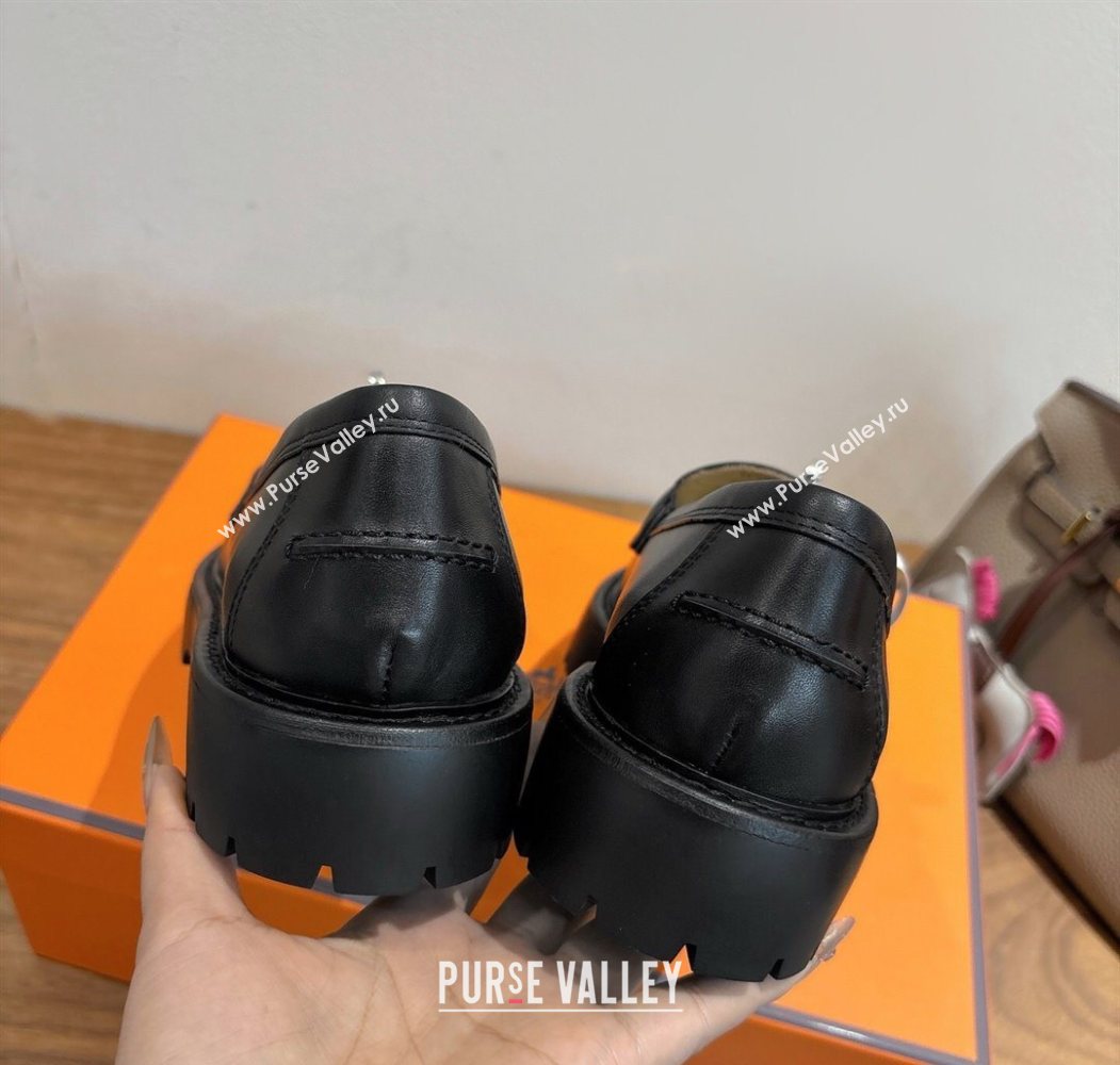 Hermes Icone Platform Loafers in Calfskin Leather with Kelly Buckle Black 2025 1023 (XC-251023003)