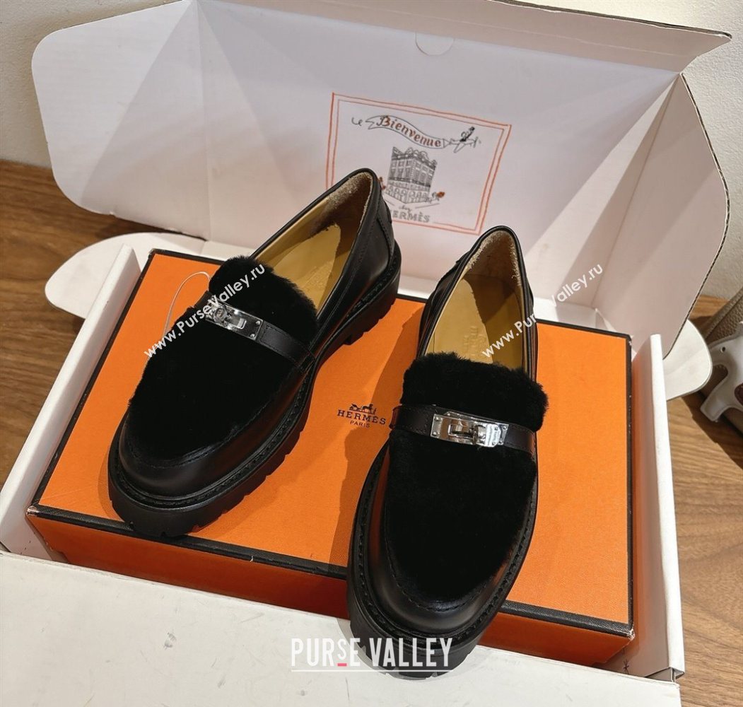 Hermes Icone Platform Loafers in Calfskin and Shearling with Kelly Buckle Black 2025 1023 (XC-251023004)