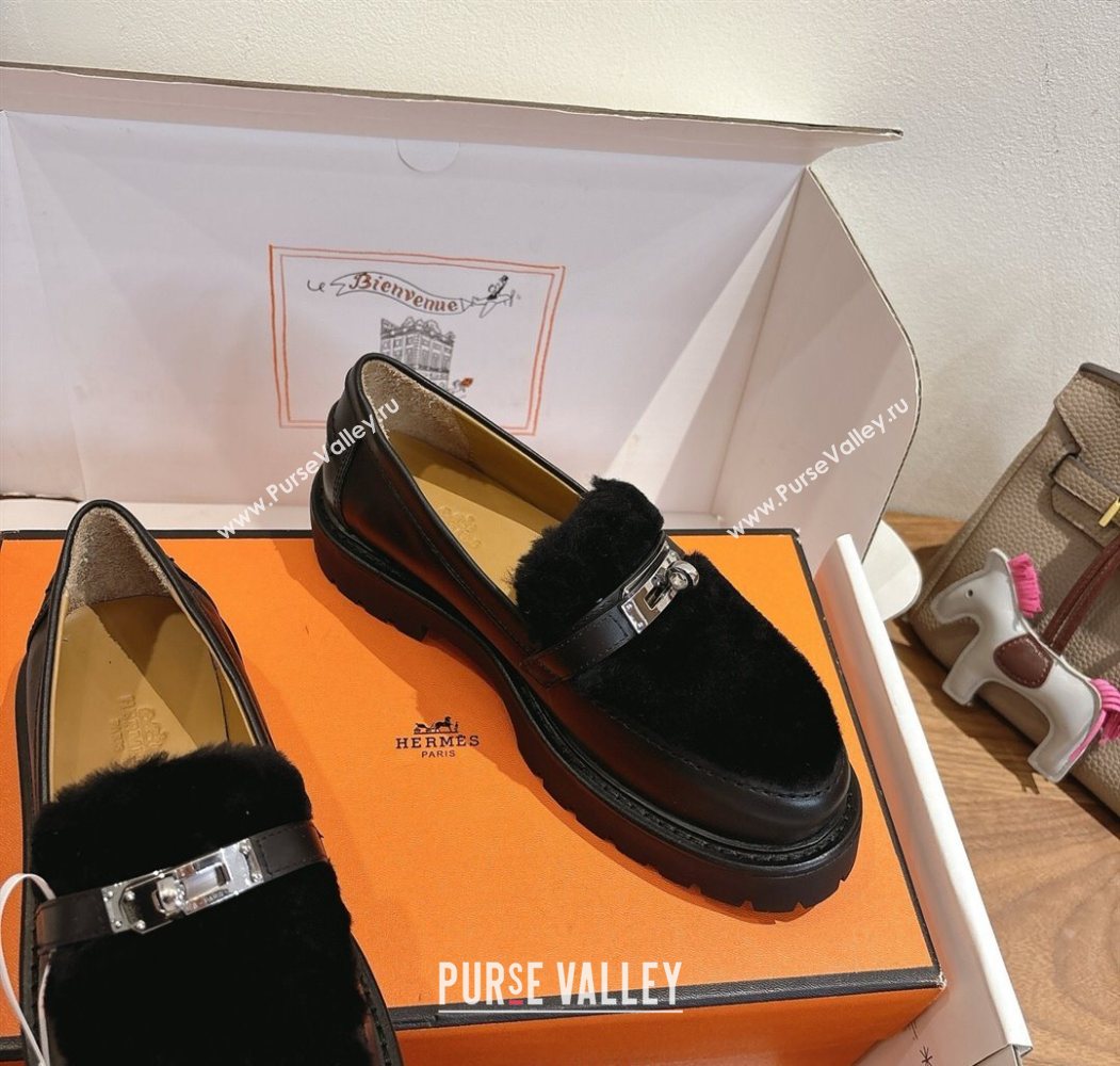 Hermes Icone Platform Loafers in Calfskin and Shearling with Kelly Buckle Black 2025 1023 (XC-251023004)