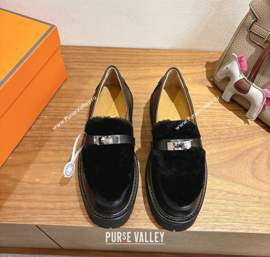 Hermes Icone Platform Loafers in Calfskin and Shearling with Kelly Buckle Black 2025 1023 (XC-251023004)