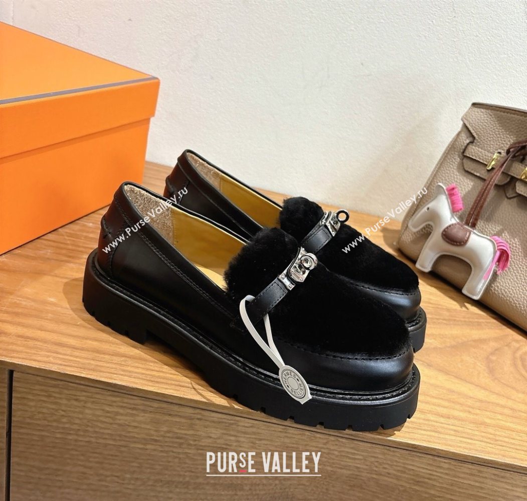 Hermes Icone Platform Loafers in Calfskin and Shearling with Kelly Buckle Black 2025 1023 (XC-251023004)