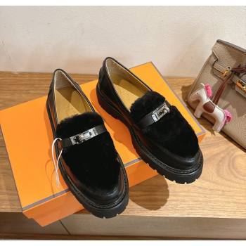 Hermes Icone Platform Loafers in Calfskin and Shearling with Kelly Buckle Black 2025 1023 (XC-251023004)