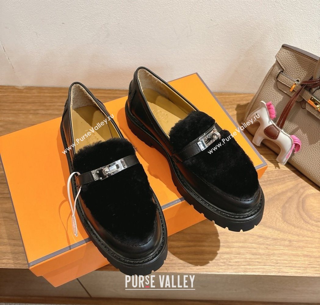 Hermes Icone Platform Loafers in Calfskin and Shearling with Kelly Buckle Black 2025 1023 (XC-251023004)