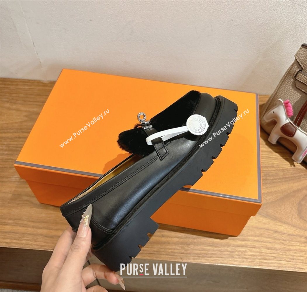 Hermes Icone Platform Loafers in Calfskin and Shearling with Kelly Buckle Black 2025 1023 (XC-251023004)
