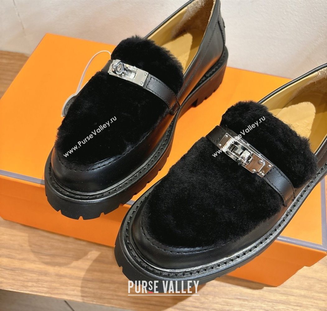 Hermes Icone Platform Loafers in Calfskin and Shearling with Kelly Buckle Black 2025 1023 (XC-251023004)