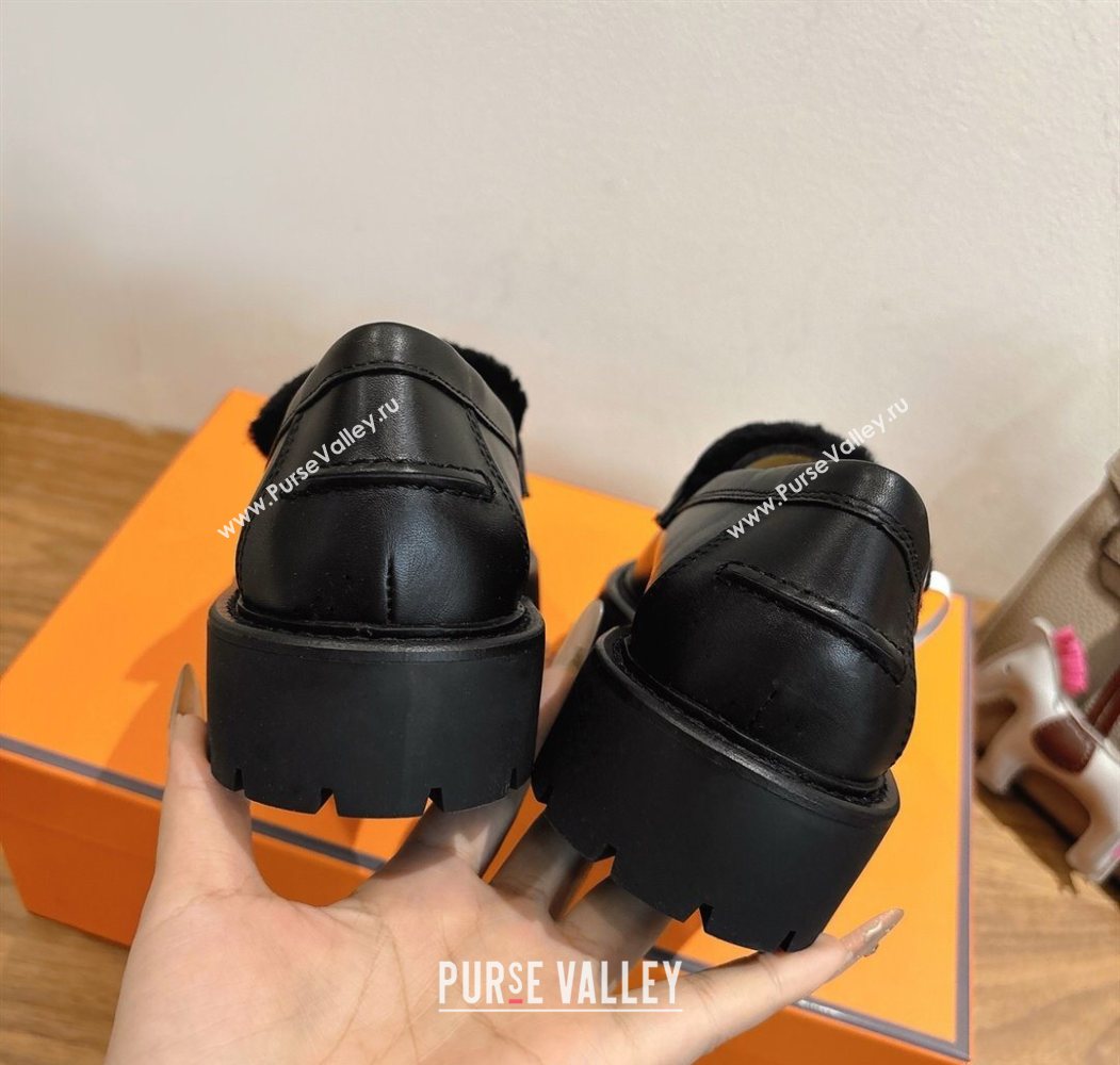 Hermes Icone Platform Loafers in Calfskin and Shearling with Kelly Buckle Black 2025 1023 (XC-251023004)