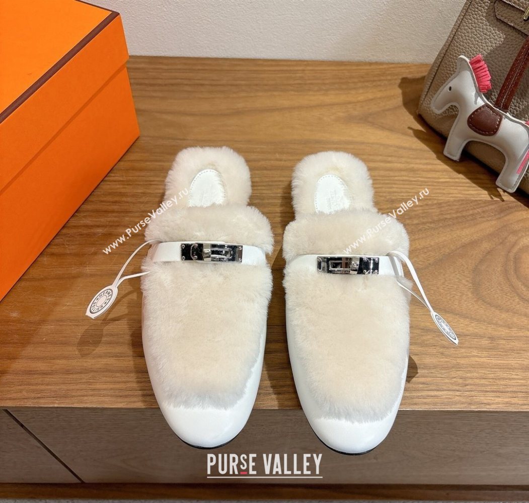 Hermes Oz Flat Loafers in Calfskin and Wool with Kelly Buckle White 2025 1023 (XC-251023007)