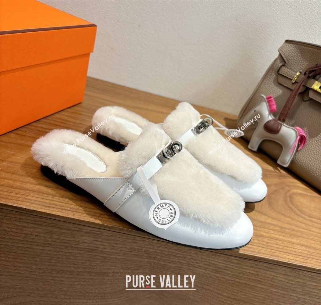 Hermes Oz Flat Loafers in Calfskin and Wool with Kelly Buckle White 2025 1023 (XC-251023007)