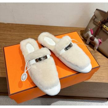 Hermes Oz Flat Loafers in Calfskin and Wool with Kelly Buckle White 2025 1023 (XC-251023007)