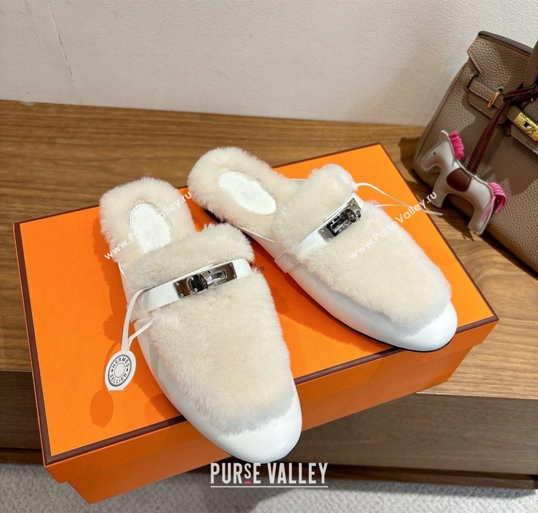 Hermes Oz Flat Loafers in Calfskin and Wool with Kelly Buckle White 2025 1023 (XC-251023007)