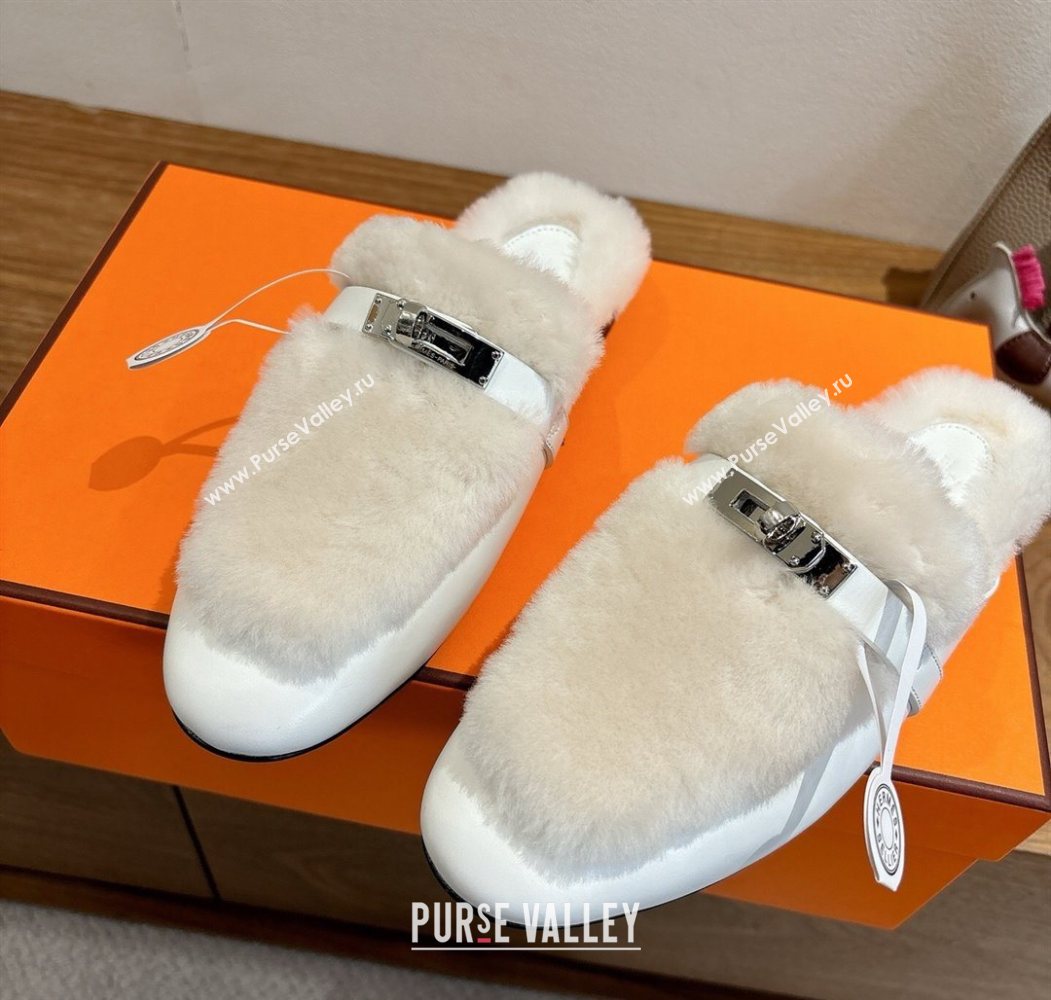 Hermes Oz Flat Loafers in Calfskin and Wool with Kelly Buckle White 2025 1023 (XC-251023007)