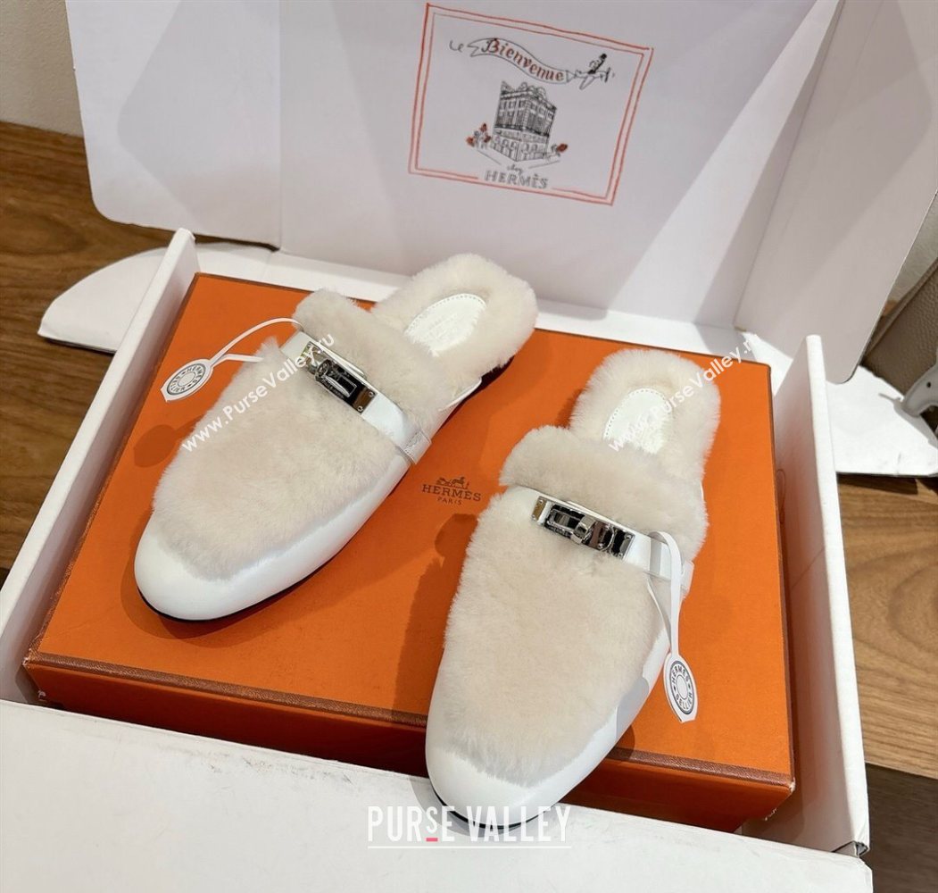 Hermes Oz Flat Loafers in Calfskin and Wool with Kelly Buckle White 2025 1023 (XC-251023007)