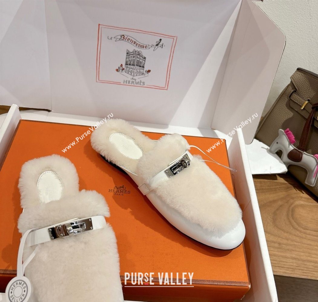 Hermes Oz Flat Loafers in Calfskin and Wool with Kelly Buckle White 2025 1023 (XC-251023007)