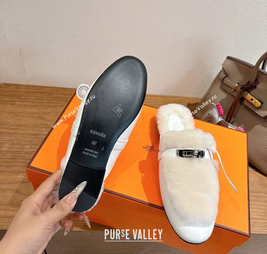 Hermes Oz Flat Loafers in Calfskin and Wool with Kelly Buckle White 2025 1023 (XC-251023007)