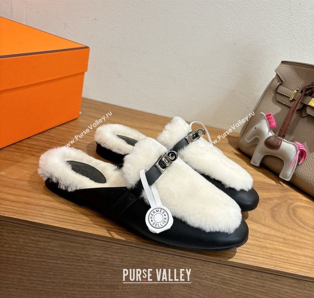 Hermes Oz Flat Loafers in Calfskin and Wool with Kelly Buckle Black 2025 1023 (XC-251023008)