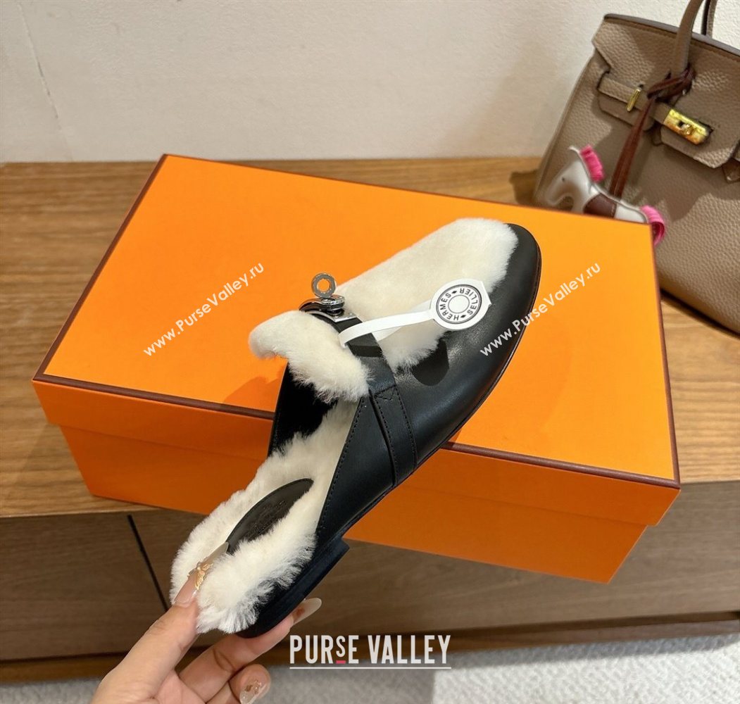Hermes Oz Flat Loafers in Calfskin and Wool with Kelly Buckle Black 2025 1023 (XC-251023008)