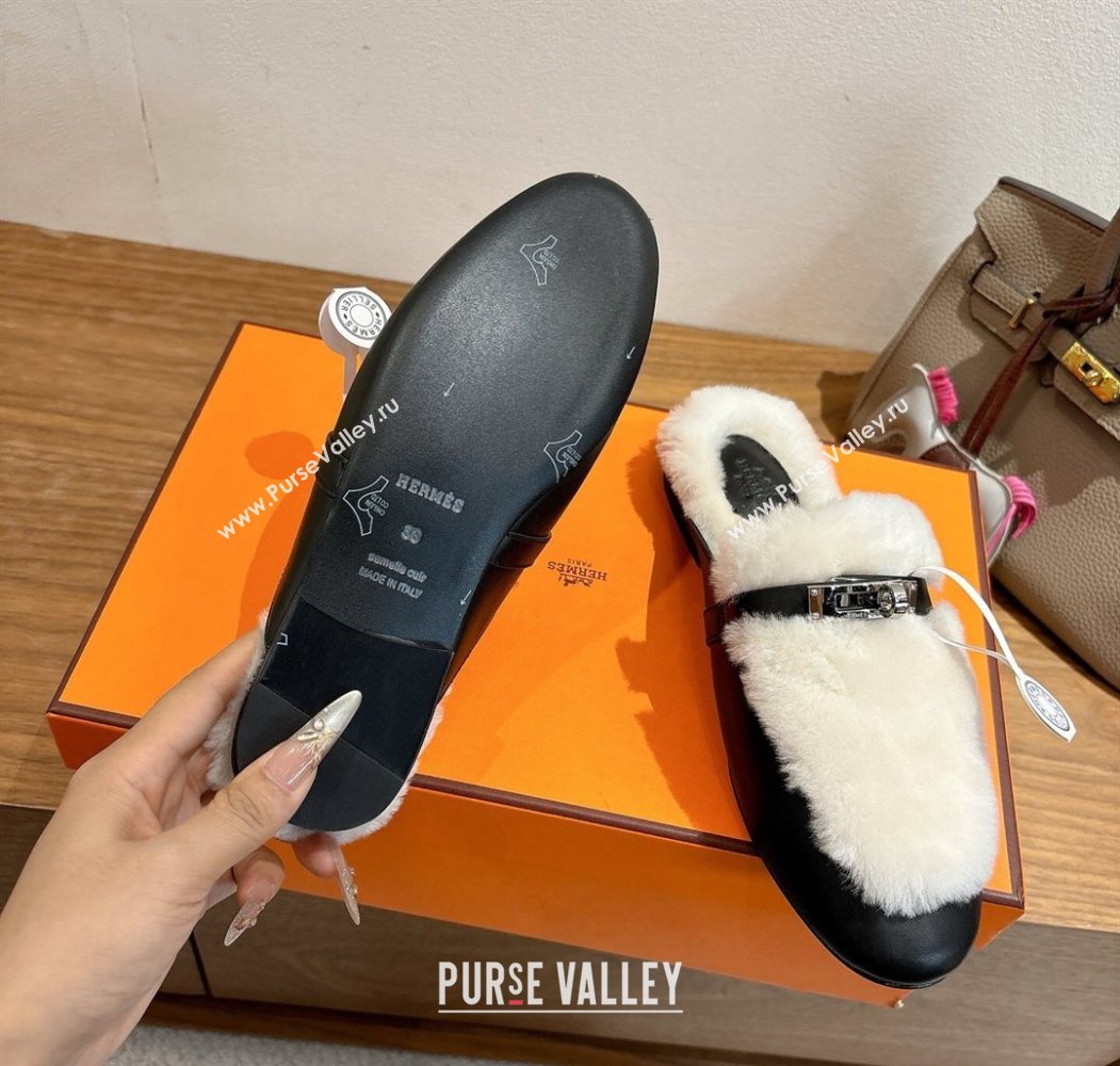 Hermes Oz Flat Loafers in Calfskin and Wool with Kelly Buckle Black 2025 1023 (XC-251023008)