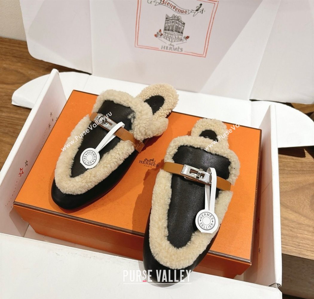 Hermes Oz Flat Loafers in Calfskin Leather and Shearling with Kelly Buckle Black 2025 1023 (XC-251023009)