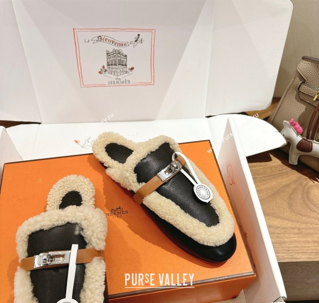 Hermes Oz Flat Loafers in Calfskin Leather and Shearling with Kelly Buckle Black 2025 1023 (XC-251023009)
