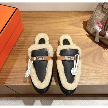 Hermes Oz Flat Loafers in Calfskin Leather and Shearling with Kelly Buckle Black 2025 1023 (XC-251023009)