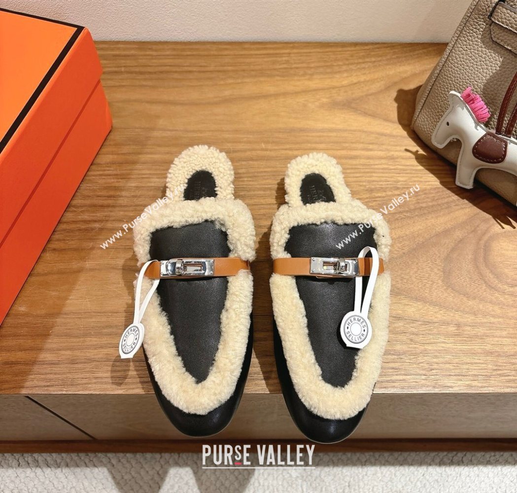 Hermes Oz Flat Loafers in Calfskin Leather and Shearling with Kelly Buckle Black 2025 1023 (XC-251023009)