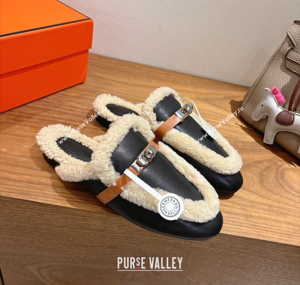 Hermes Oz Flat Loafers in Calfskin Leather and Shearling with Kelly Buckle Black 2025 1023 (XC-251023009)