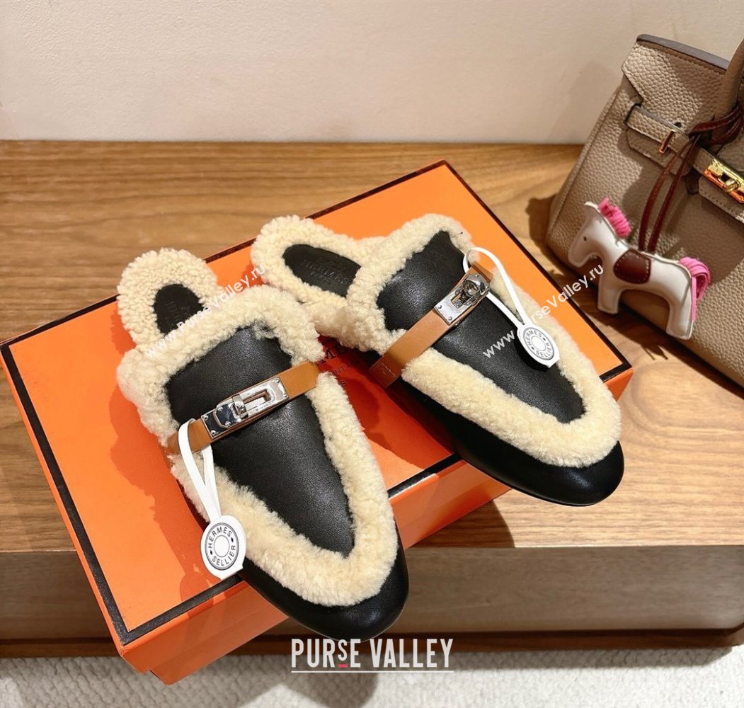 Hermes Oz Flat Loafers in Calfskin Leather and Shearling with Kelly Buckle Black 2025 1023 (XC-251023009)