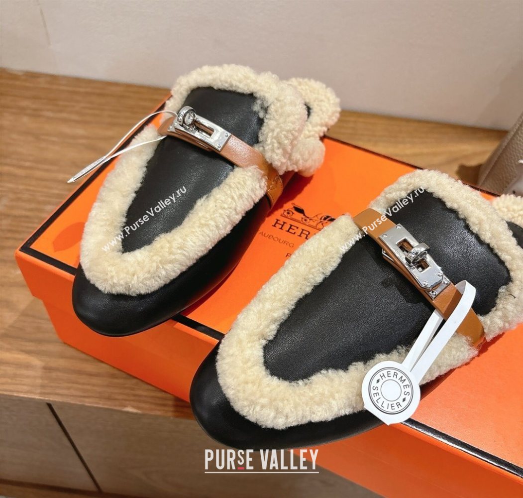 Hermes Oz Flat Loafers in Calfskin Leather and Shearling with Kelly Buckle Black 2025 1023 (XC-251023009)